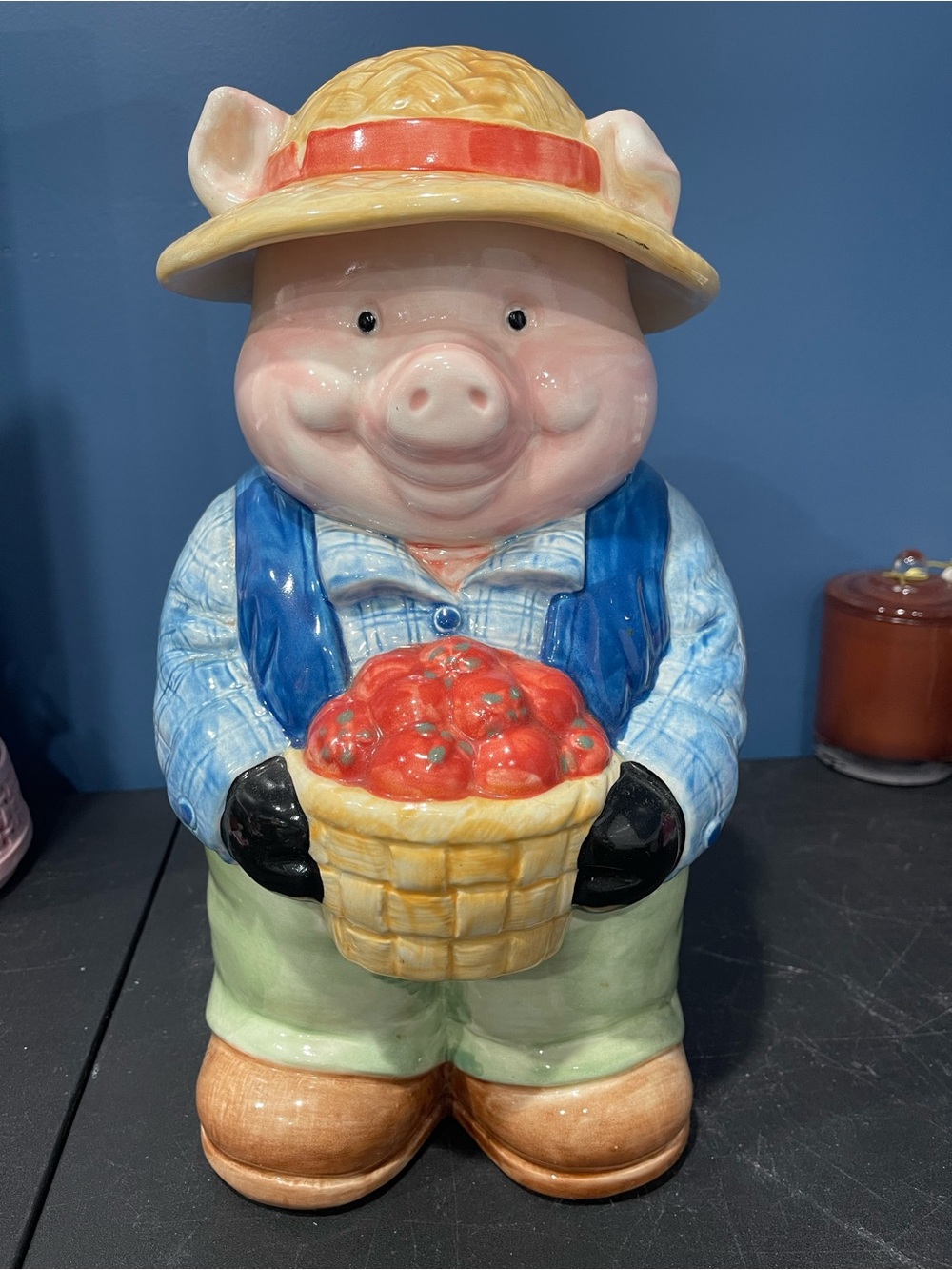 Cute Farmer Pig Cookie Jar - Red Apples, Blue Overalls
